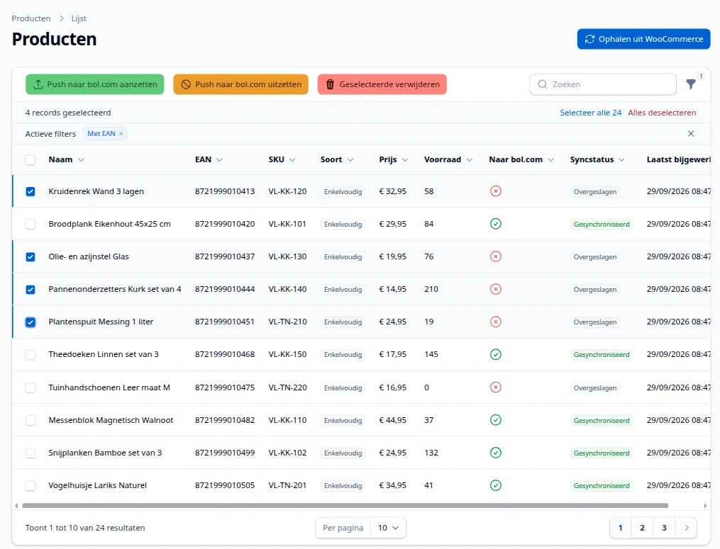 Productlijst met filter Met EAN actief, vier producten aangevinkt en boven de lijst de knoppen Push naar bol.com aanzetten, Push naar bol.com uitzetten en Geselecteerde verwijderen