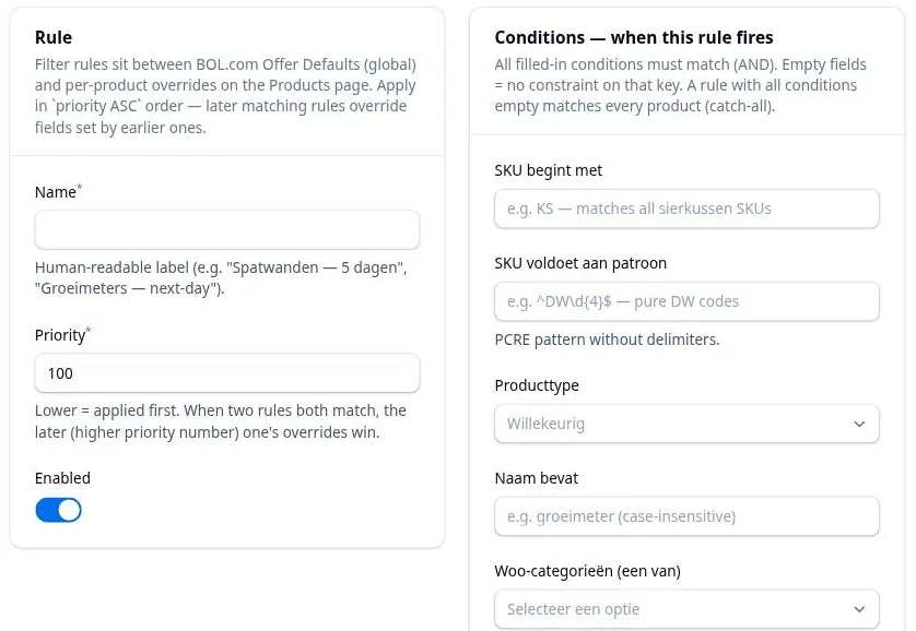 Het formulier Prijsregel aanmaken: links de naam, de prioriteit (standaard 100) en de schakelaar om de regel aan te zetten, rechts de voorwaarden zoals SKU begint met, Producttype, Naam bevat en Woo-categorieën